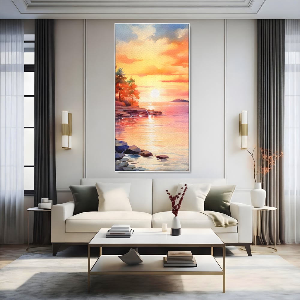 Tablou canvas cu tablou canvas cu peisaj de apus, in rama de aluminiu argintiu, pe perete intr-un living